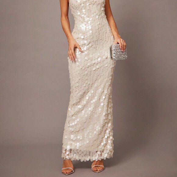 White Sequin Spaghetti Strap Women's Cocktail Dress - Picture 3 of 7